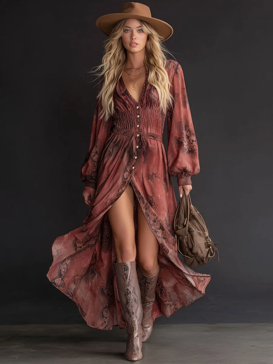 Fashionable Retro Brick Red Chiffon Snakeskin Elastic Waist Long Sleeve Maxi Dress sold by Oyrosy product image thumbnail 2