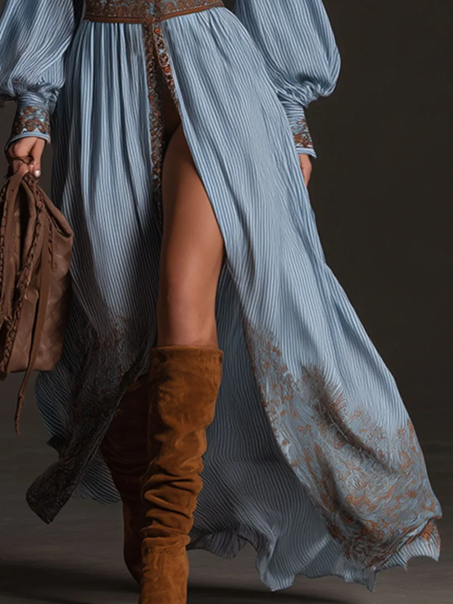 Western Retro Blue Striped Elegant Print Elastic Waist Long Sleeve Maxi Dress sold by Oyrosy product image thumbnail 4