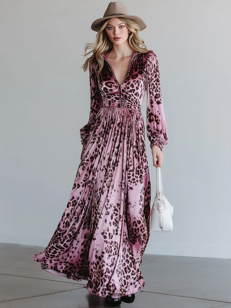 Fashionable Retro Pink Velvet Leopard Print Half-zip Long-sleeved Maxi Dress sold by Oyrosy product image thumbnail 2
