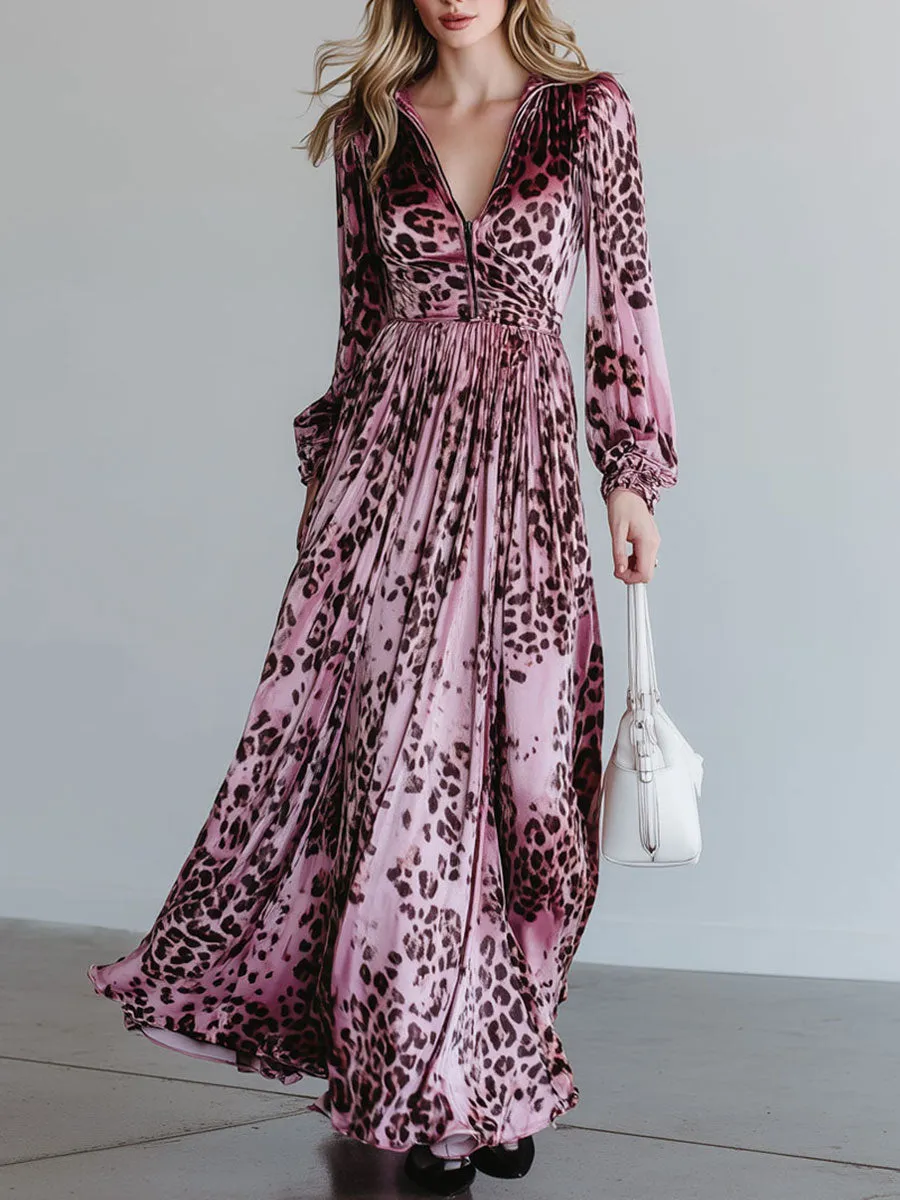 Fashionable Retro Pink Velvet Leopard Print Half-zip Long-sleeved Maxi Dress sold by Oyrosy