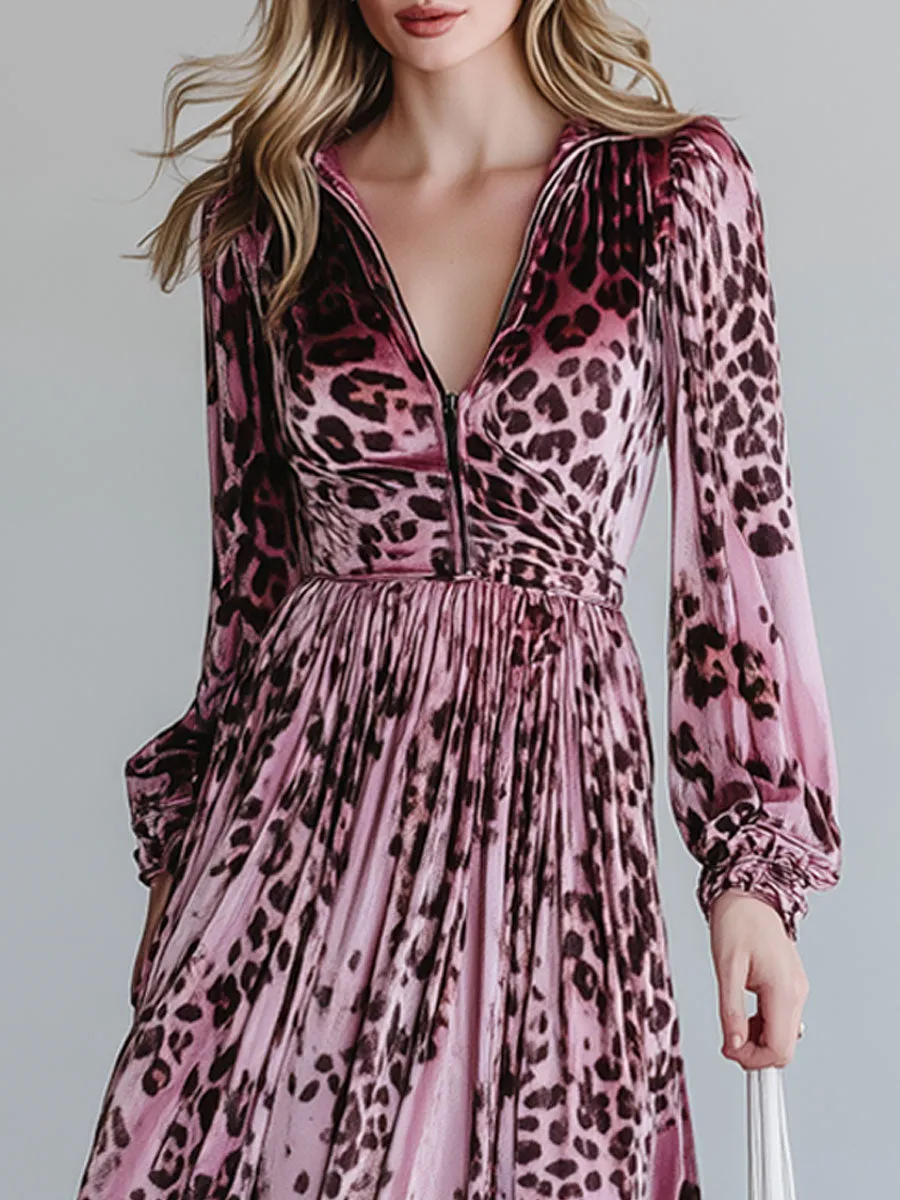 Fashionable Retro Pink Velvet Leopard Print Half-zip Long-sleeved Maxi Dress sold by Oyrosy product image thumbnail 3