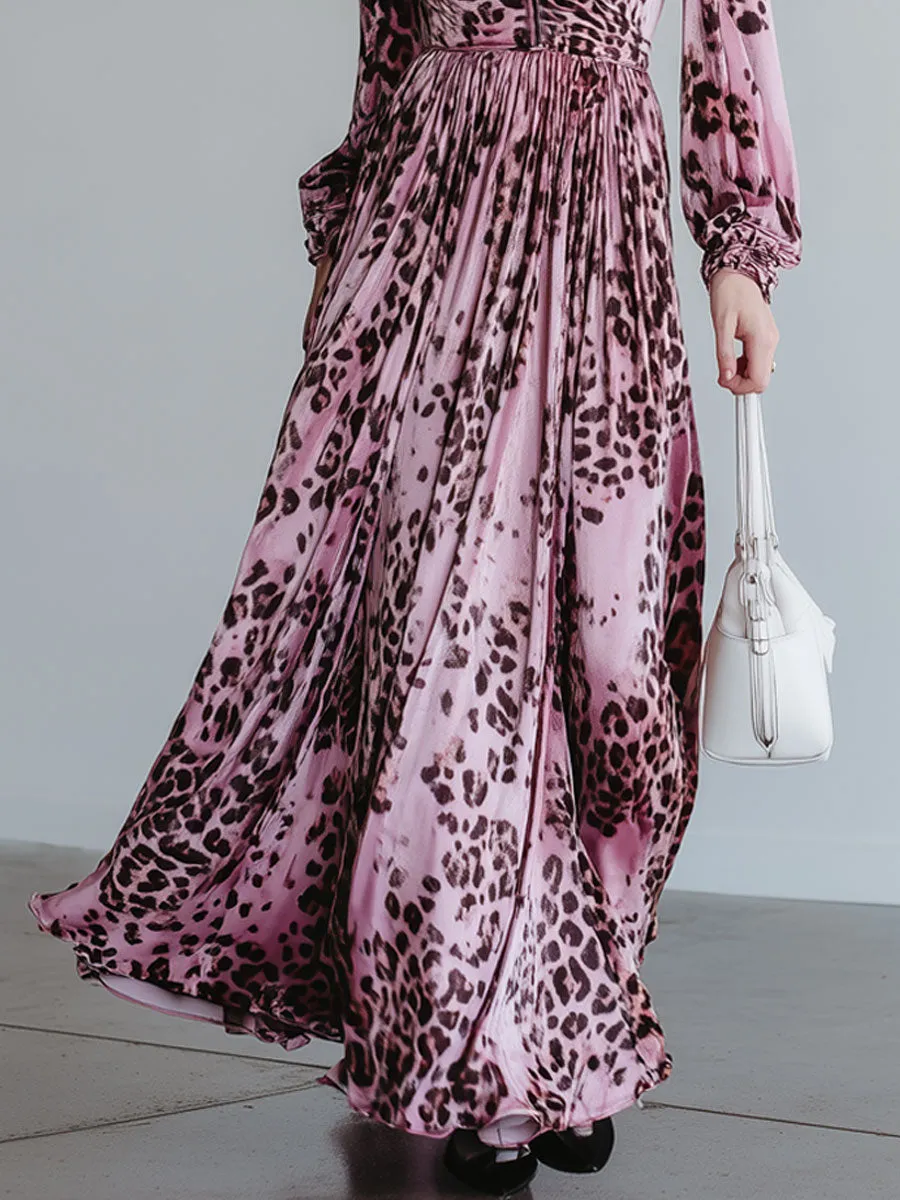 Fashionable Retro Pink Velvet Leopard Print Half-zip Long-sleeved Maxi Dress sold by Oyrosy product image thumbnail 4