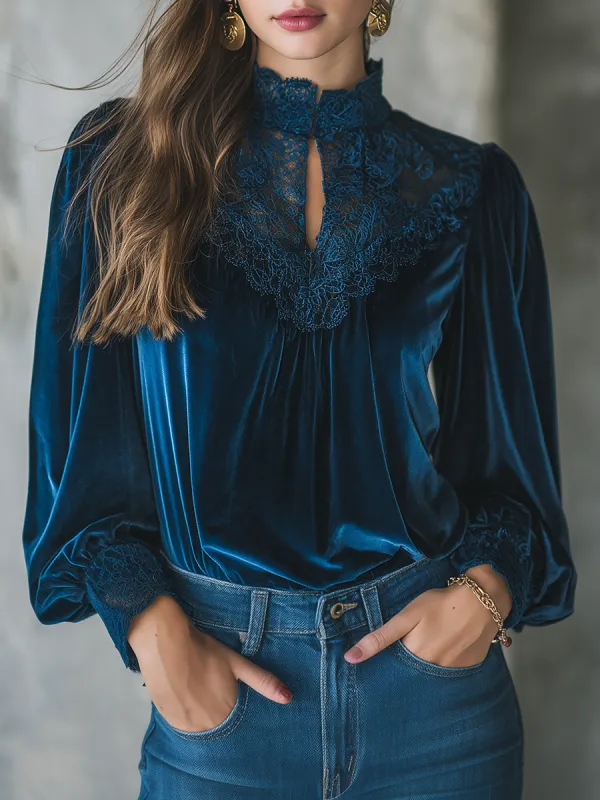 Elegant Retro Lace-trimmed Velvet Long-sleeved Shirt sold by Oyrosy