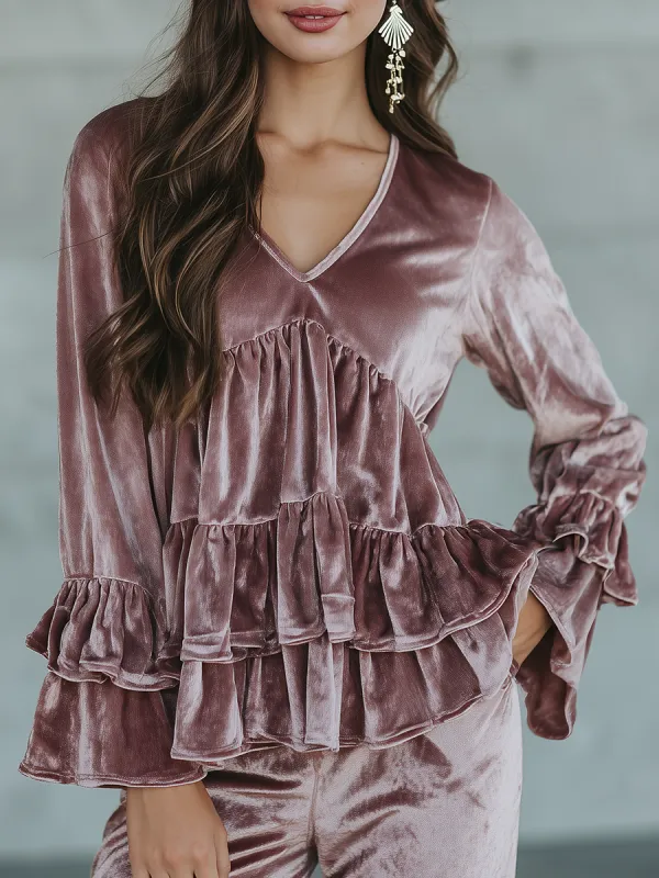 Elegant Retro V-neck Ruffled Velvet Shirt sold by Oyrosy
