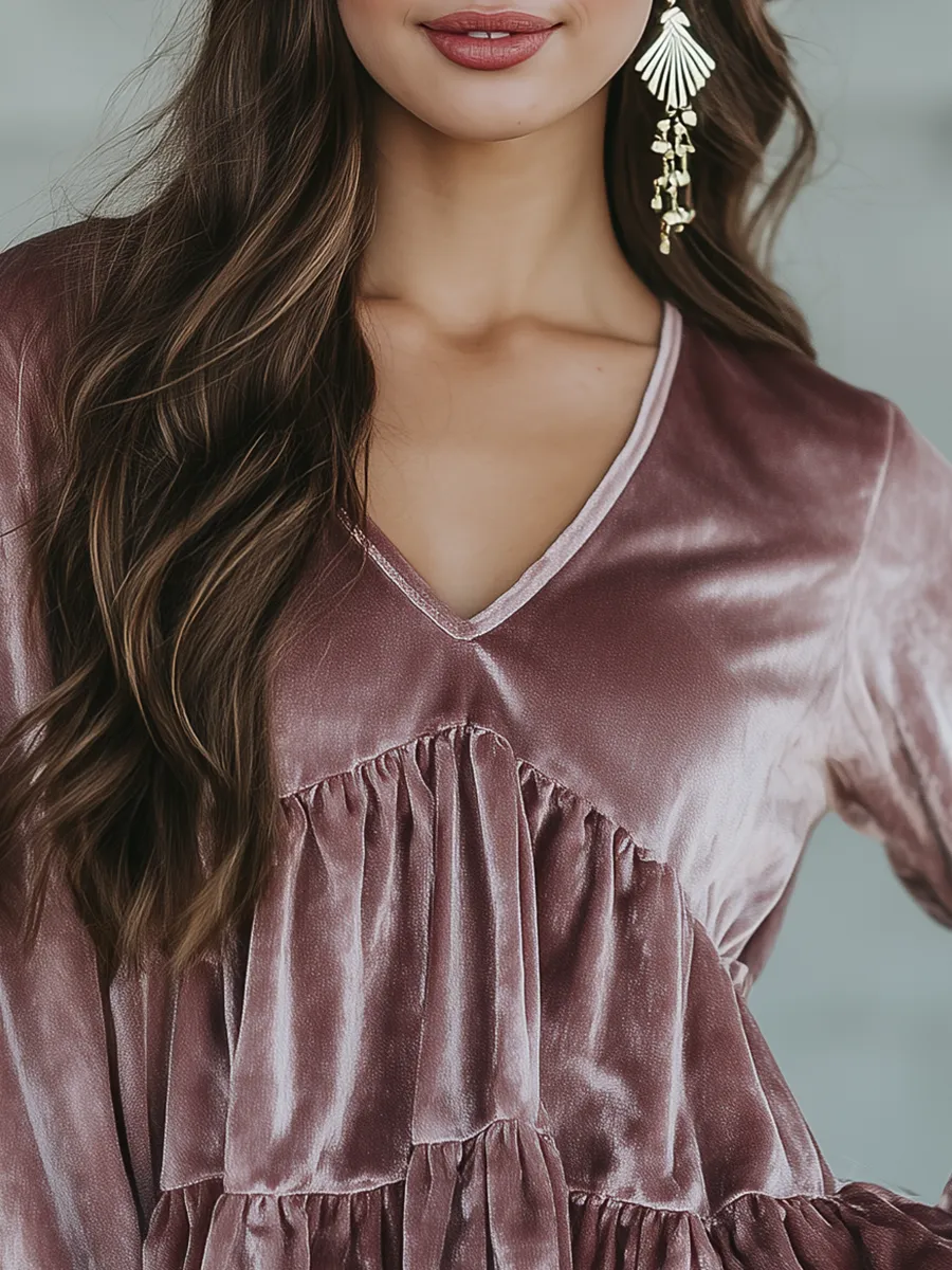 Elegant Retro V-neck Ruffled Velvet Shirt sold by Oyrosy product image thumbnail 3
