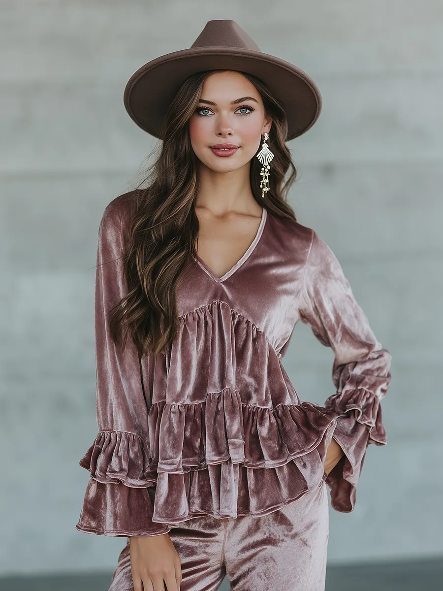 Elegant Retro V-neck Ruffled Velvet Shirt sold by Oyrosy product image thumbnail 2