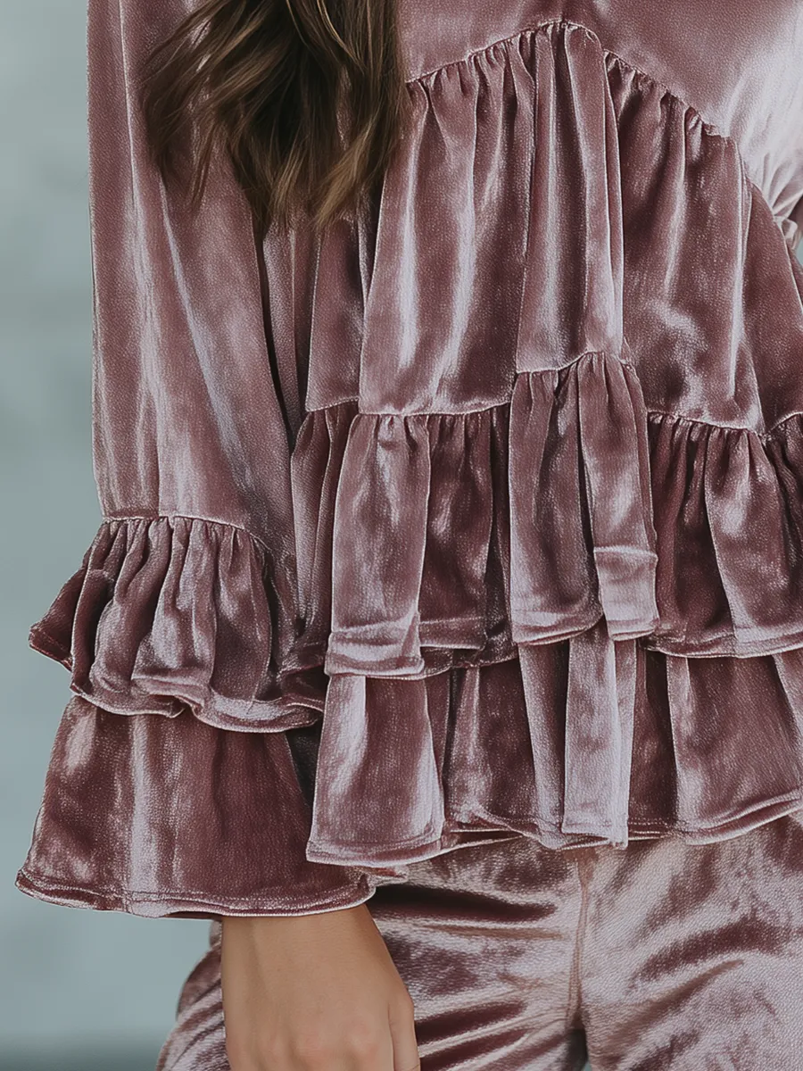 Elegant Retro V-neck Ruffled Velvet Shirt sold by Oyrosy product image thumbnail 4