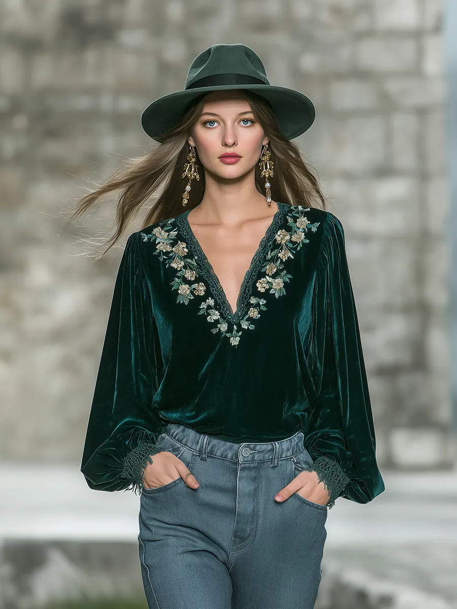 Retro Elegant Floral Embroidered V-neck Velvet Shirt sold by Oyrosy product image thumbnail 2