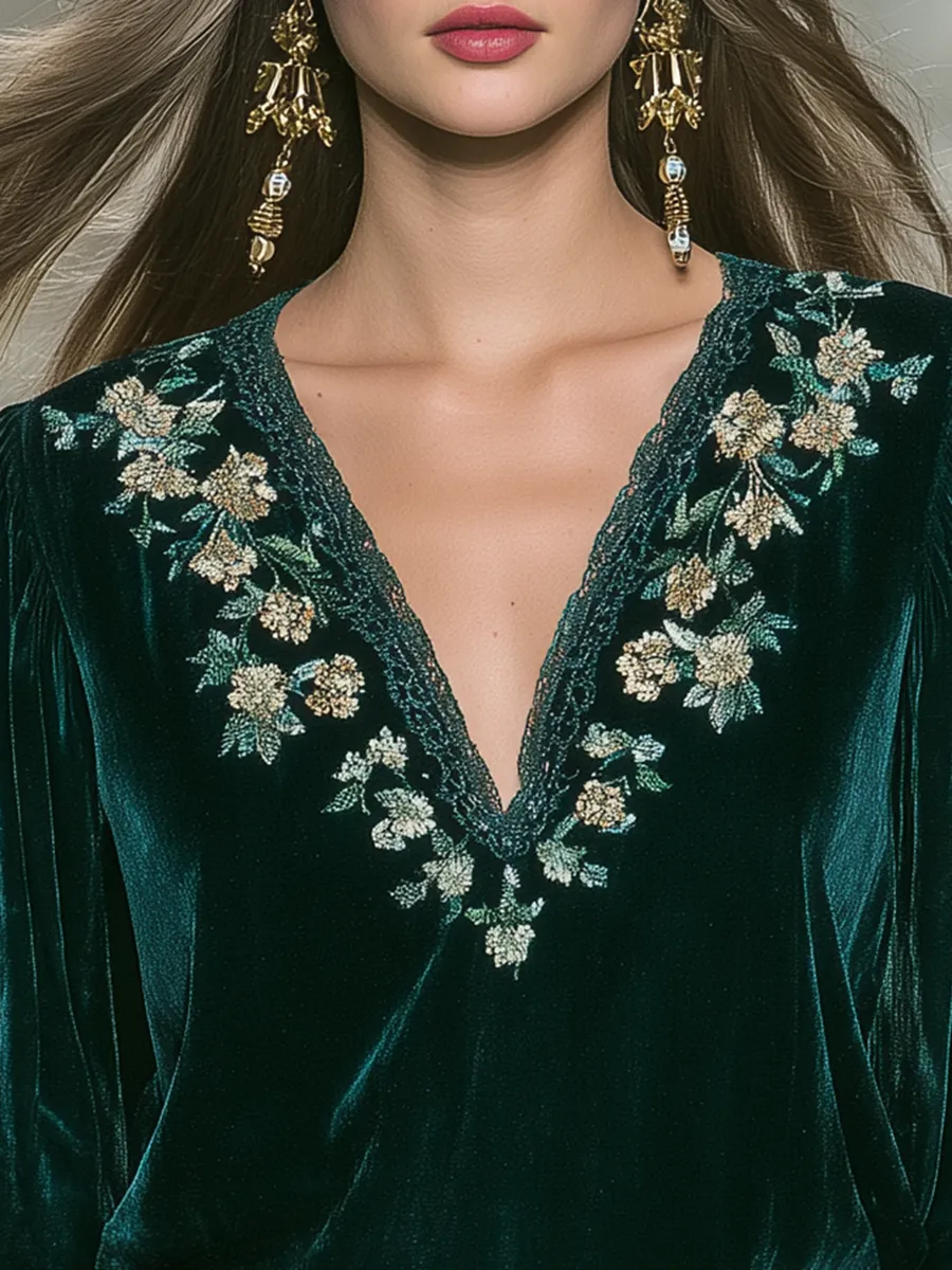 Retro Elegant Floral Embroidered V-neck Velvet Shirt sold by Oyrosy product image thumbnail 3