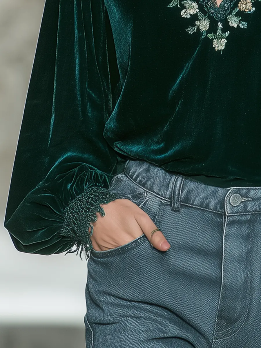 Retro Elegant Floral Embroidered V-neck Velvet Shirt sold by Oyrosy product image thumbnail 4