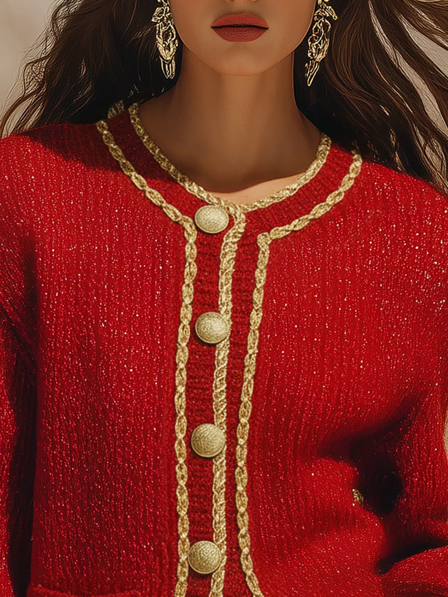 Urban Retro Elegant Gold-trimmed Knit Cardigan sold by Oyrosy product image thumbnail 3