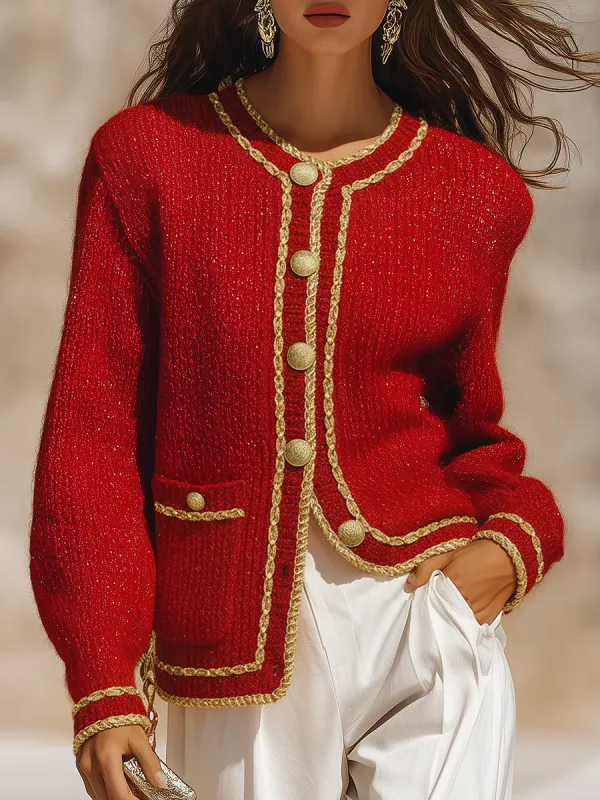 Urban Retro Elegant Gold-trimmed Knit Cardigan sold by Oyrosy