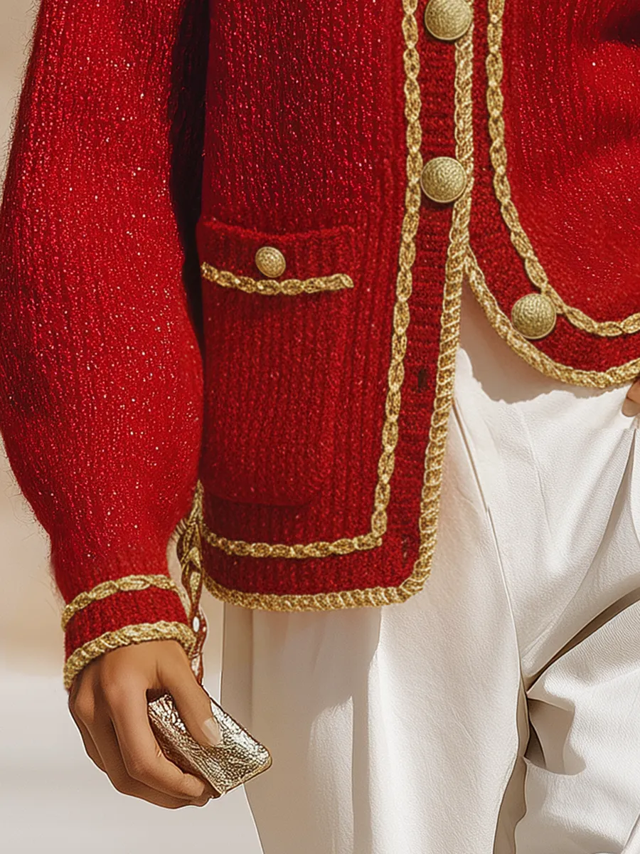 Urban Retro Elegant Gold-trimmed Knit Cardigan sold by Oyrosy product image thumbnail 4