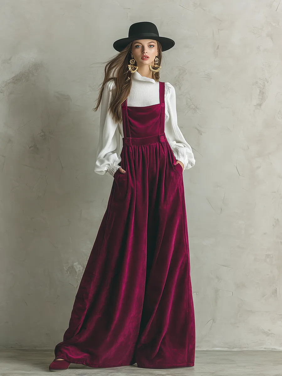 Elegant Retro Velvet Culottes Wide-leg Overalls sold by Oyrosy product image thumbnail 2