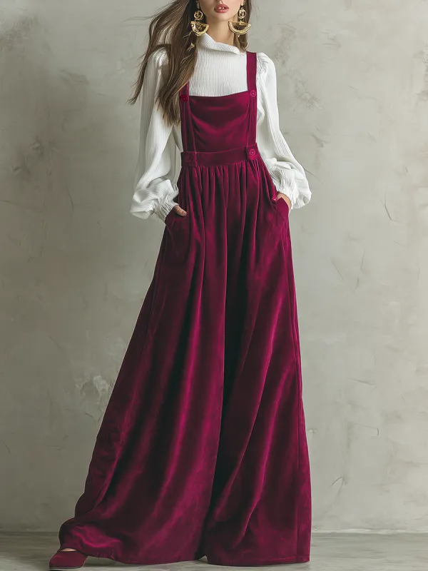 Elegant Retro Velvet Culottes Wide-leg Overalls sold by Oyrosy