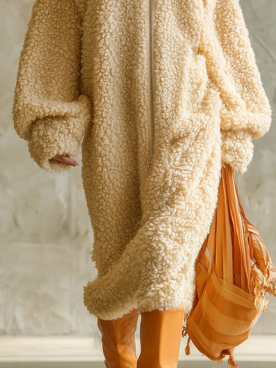 Sporty Casual Zip-up Hooded Sherpa Maxi Dress sold by Oyrosy product image thumbnail 4