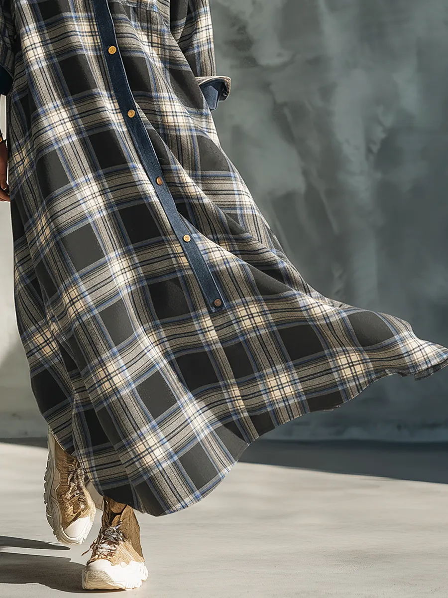 Sporty Retro Denim Collar Patchwork Plaid Maxi Dress sold by Oyrosy product image thumbnail 4