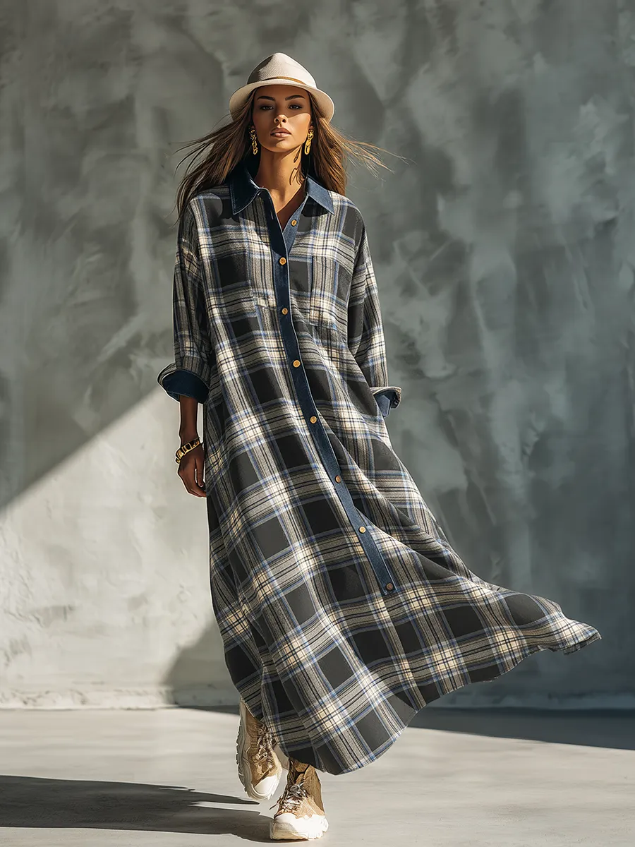 Sporty Retro Denim Collar Patchwork Plaid Maxi Dress sold by Oyrosy product image thumbnail 2