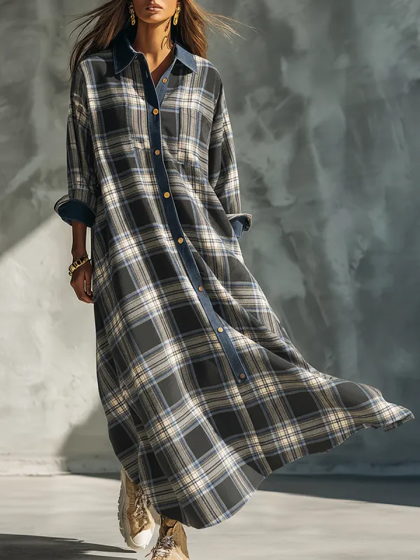 Sporty Retro Denim Collar Patchwork Plaid Maxi Dress sold by Oyrosy