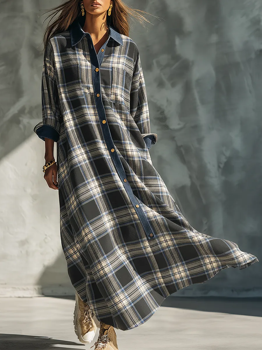 Sporty Retro Denim Collar Patchwork Plaid Maxi Dress sold by Oyrosy