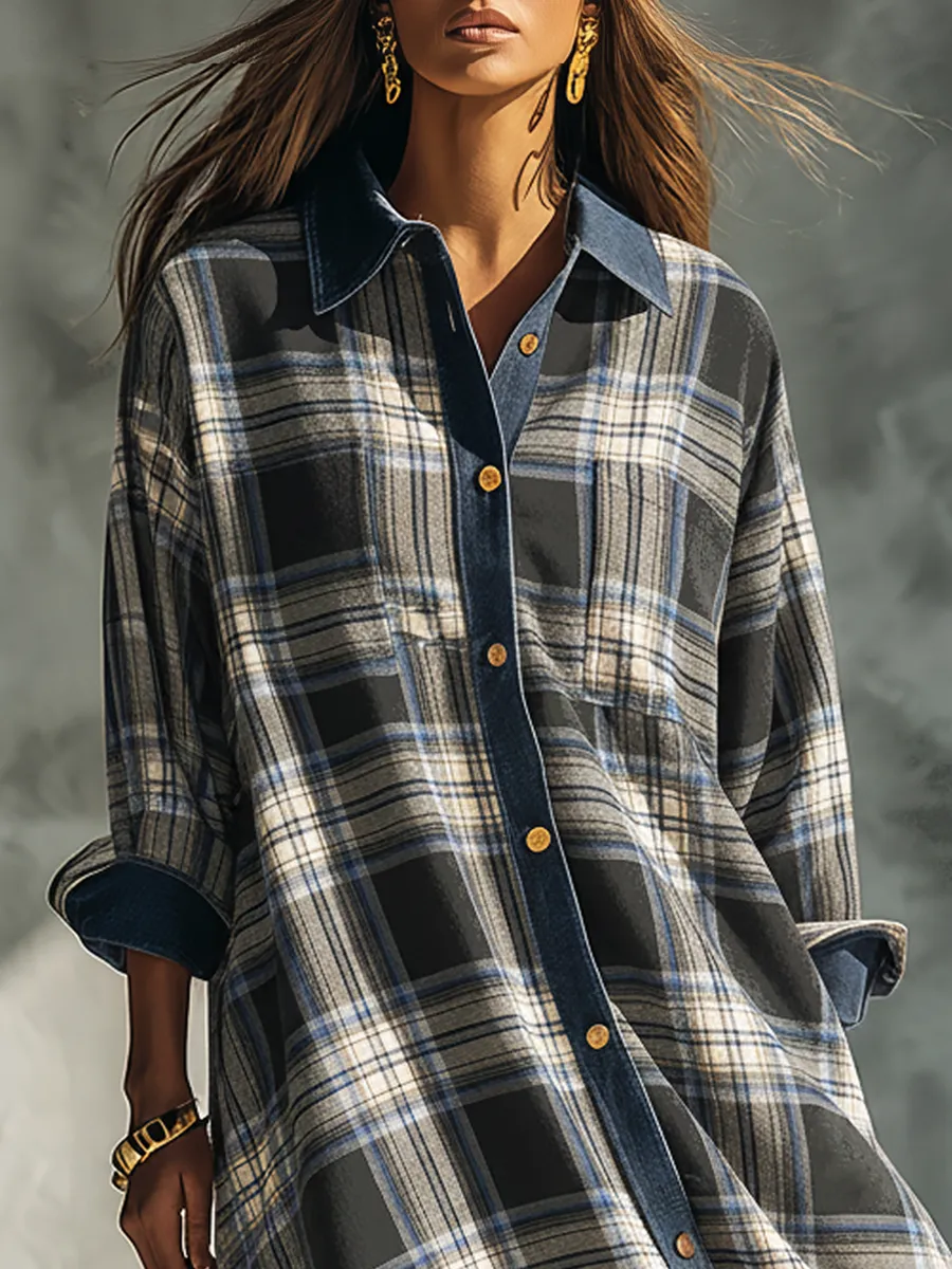 Sporty Retro Denim Collar Patchwork Plaid Maxi Dress sold by Oyrosy product image thumbnail 3