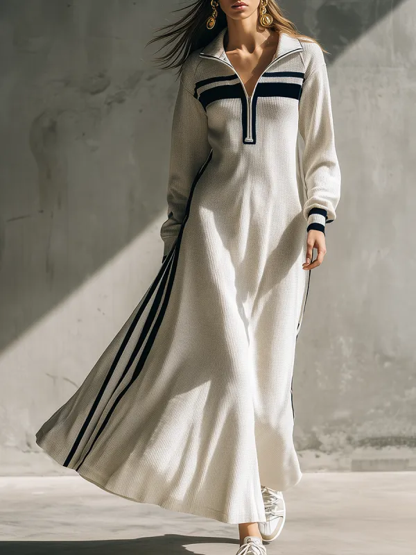 Retro Sporty Zip-up Collar Color-blocked Striped Waffle Maxi Dress sold by Oyrosy