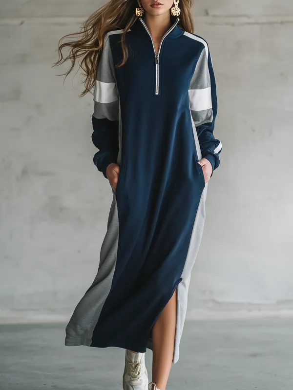 Retro Sporty Zip-up Stand-up Collar Maxi Dress sold by Oyrosy