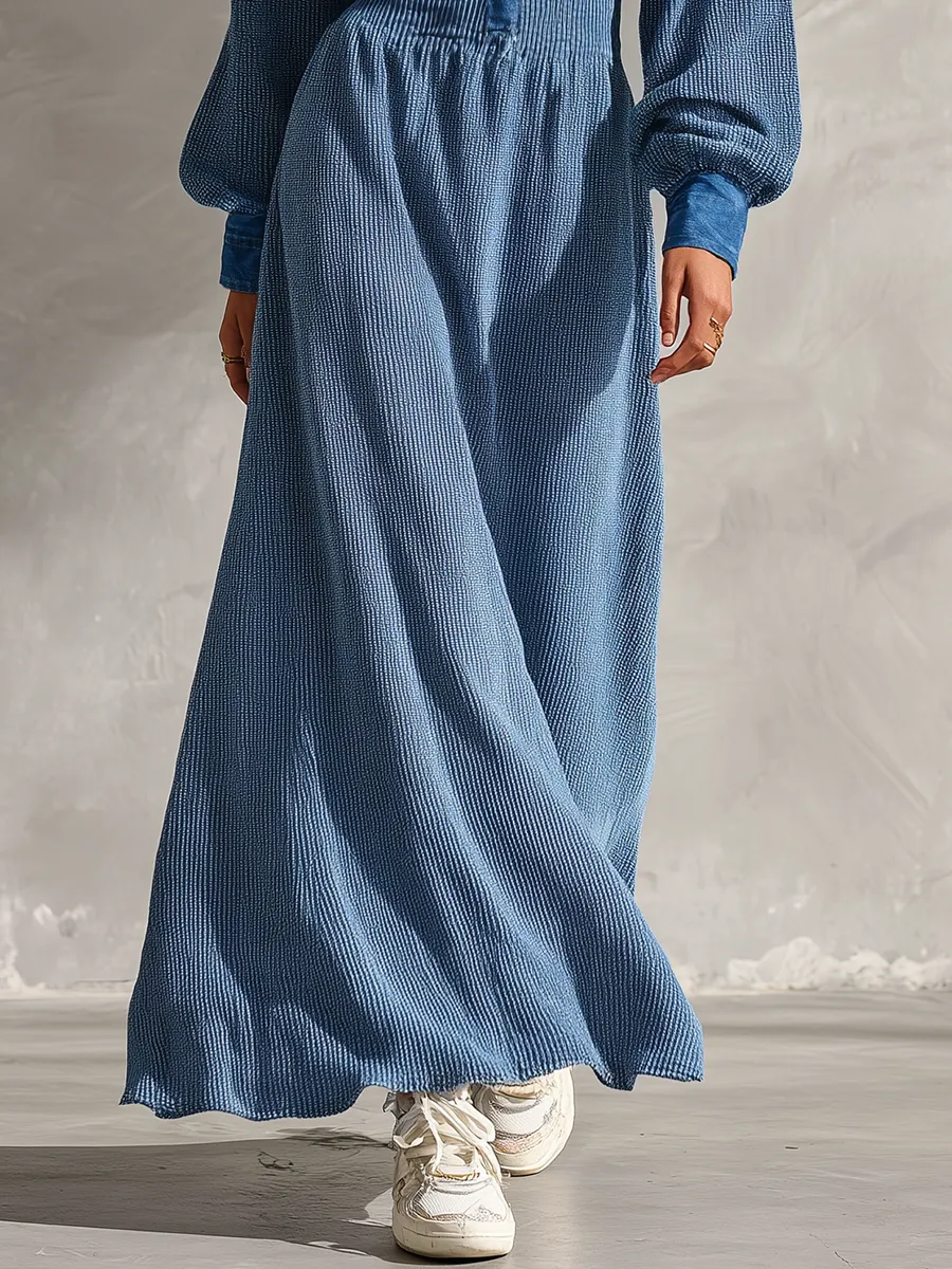 Sporty Elegant Retro Denim Collared Patchwork Long Dress sold by Oyrosy product image thumbnail 4