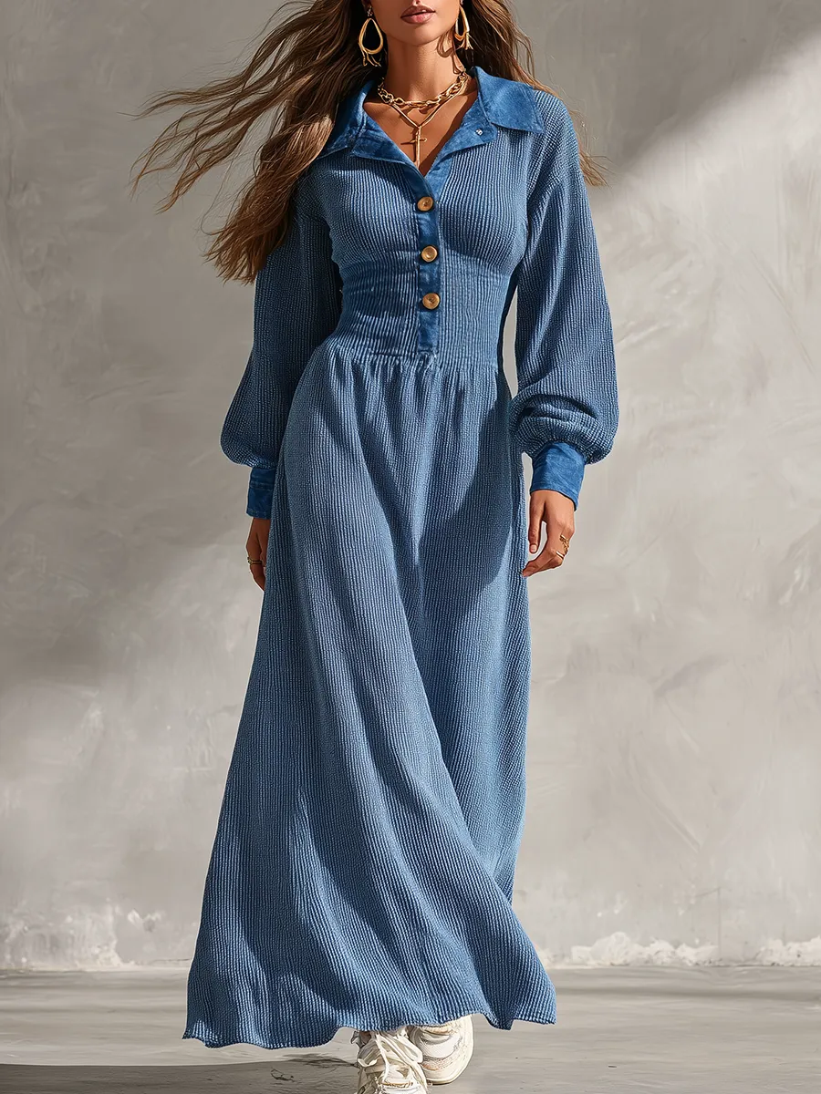 Sporty Elegant Retro Denim Collared Patchwork Long Dress sold by Oyrosy