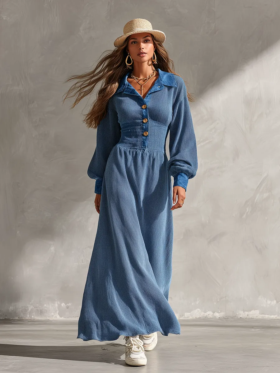 Sporty Elegant Retro Denim Collared Patchwork Long Dress sold by Oyrosy product image thumbnail 2