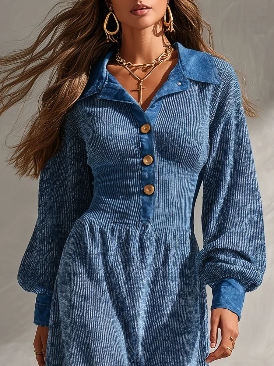 Sporty Elegant Retro Denim Collared Patchwork Long Dress sold by Oyrosy product image thumbnail 3