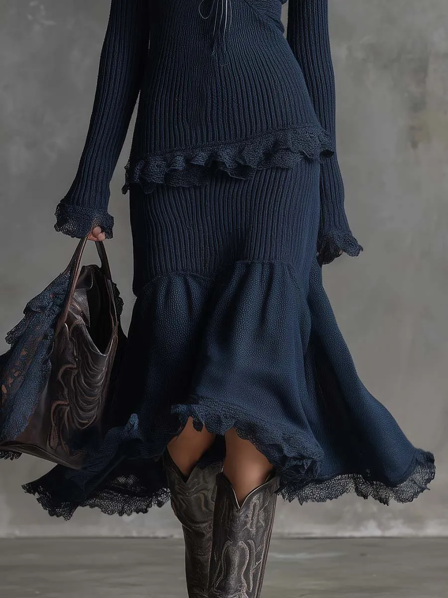 Elegant Retro V-neck Lace-trimmed Dark Blue Knit Midi Dress sold by Oyrosy product image thumbnail 4