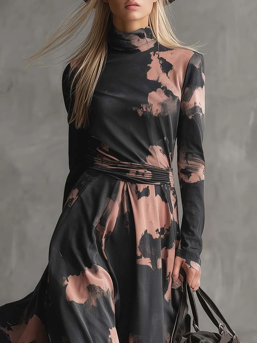 Elegant Retro Western Stand-up Collar Pink And Black Tie-dye Print Maxi Dress sold by Oyrosy product image thumbnail 3
