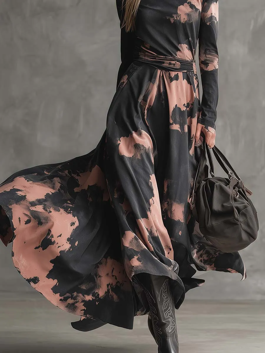 Elegant Retro Western Stand-up Collar Pink And Black Tie-dye Print Maxi Dress sold by Oyrosy product image thumbnail 4