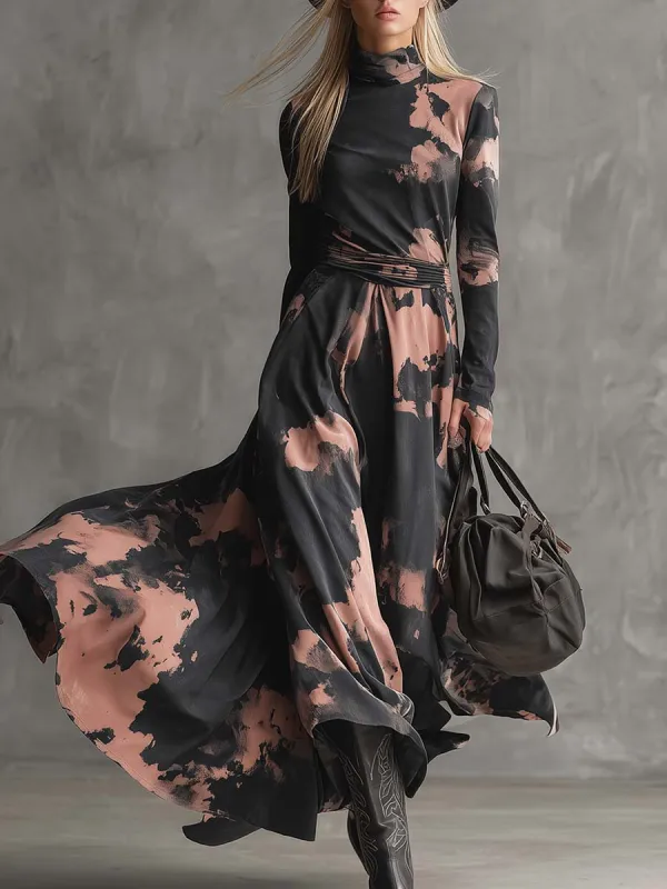 Elegant Retro Western Stand-up Collar Pink And Black Tie-dye Print Maxi Dress sold by Oyrosy