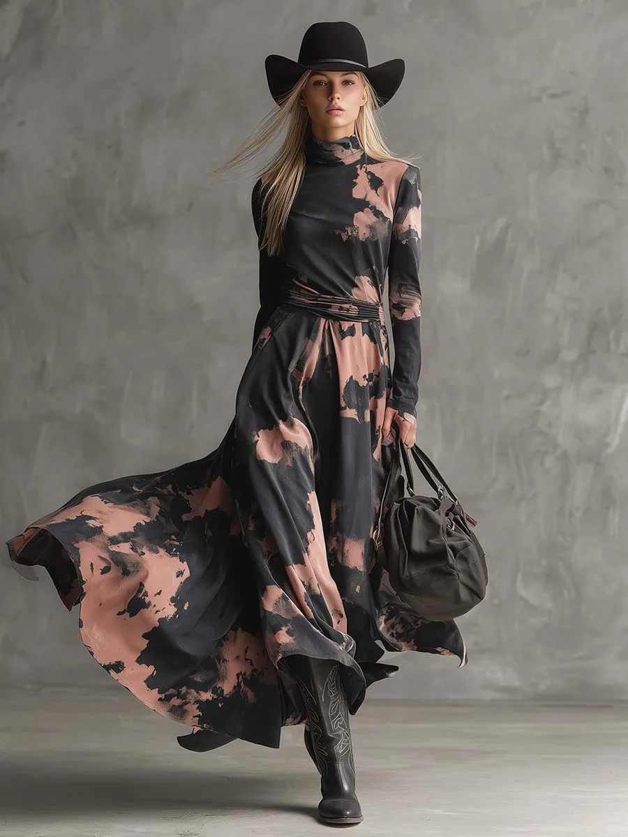 Elegant Retro Western Stand-up Collar Pink And Black Tie-dye Print Maxi Dress sold by Oyrosy product image thumbnail 2