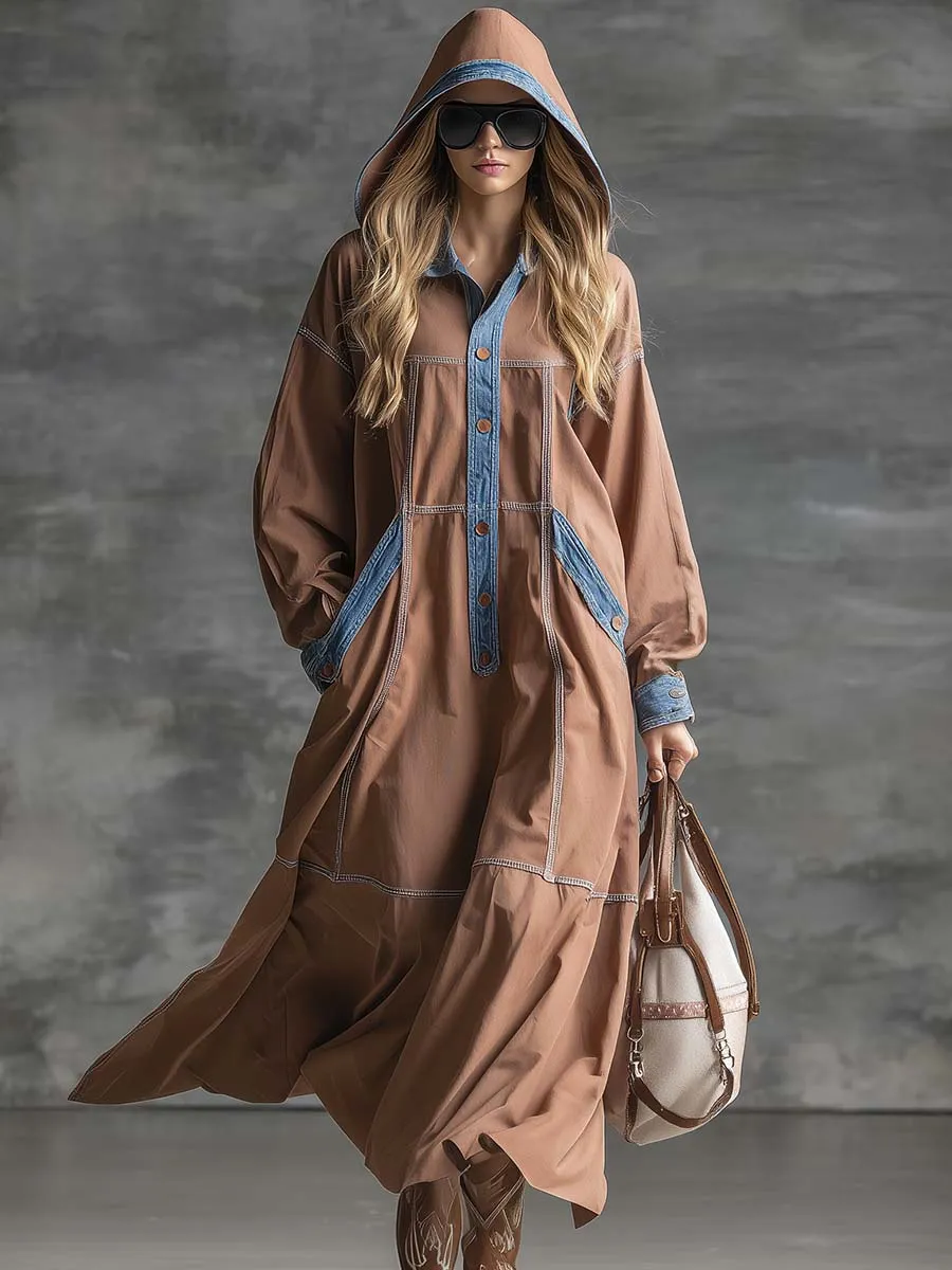 Retro Casual Fashion Hooded Front Buckle Blue Denim Trim Lotus Root Colored Cotton Maxi Dress sold by Oyrosy product image thumbnail 5