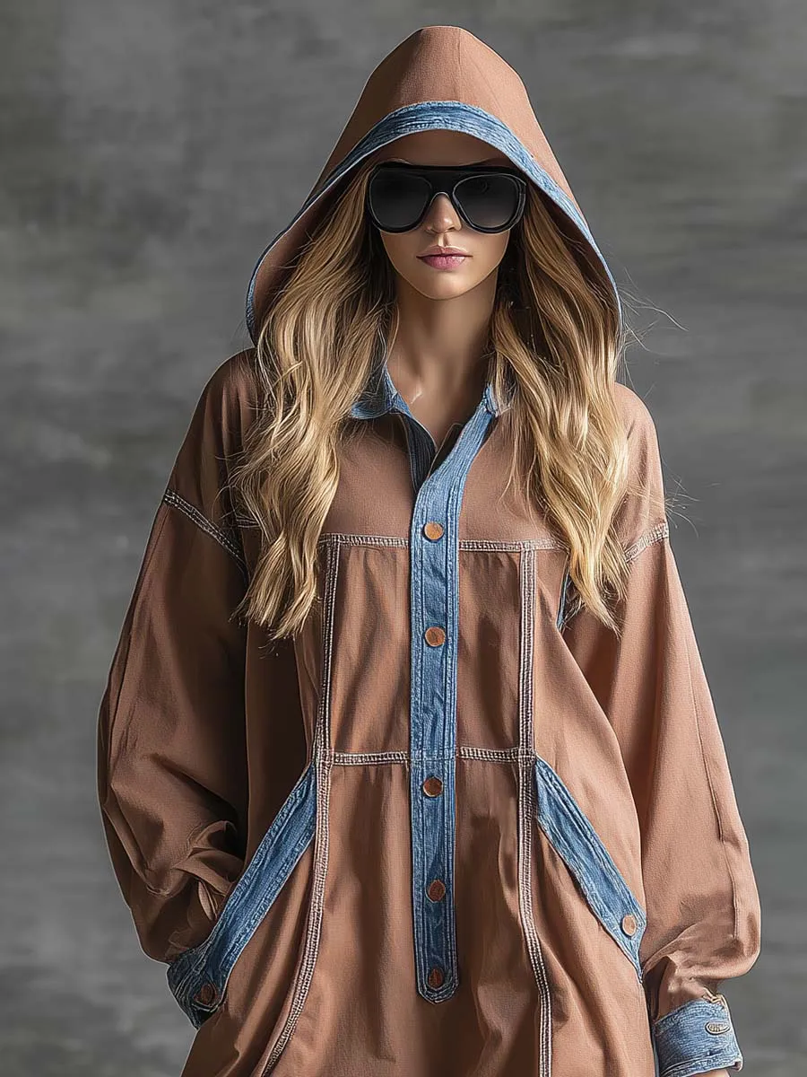 Retro Casual Fashion Hooded Front Buckle Blue Denim Trim Lotus Root Colored Cotton Maxi Dress sold by Oyrosy product image thumbnail 3