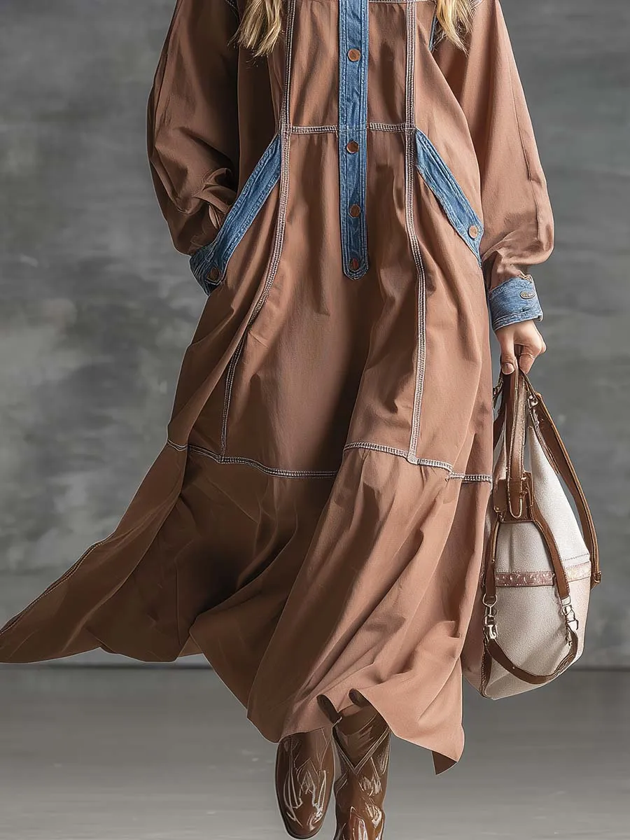 Retro Casual Fashion Hooded Front Buckle Blue Denim Trim Lotus Root Colored Cotton Maxi Dress sold by Oyrosy product image thumbnail 4