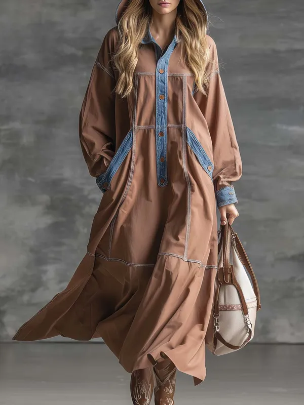 Retro Casual Fashion Hooded Front Buckle Blue Denim Trim Lotus Root Colored Cotton Maxi Dress sold by Oyrosy