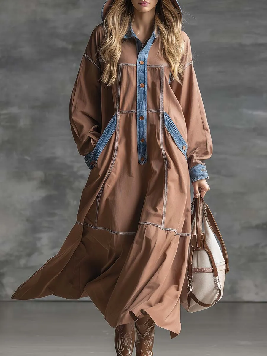 Retro Casual Fashion Hooded Front Buckle Blue Denim Trim Lotus Root Colored Cotton Maxi Dress sold by Oyrosy