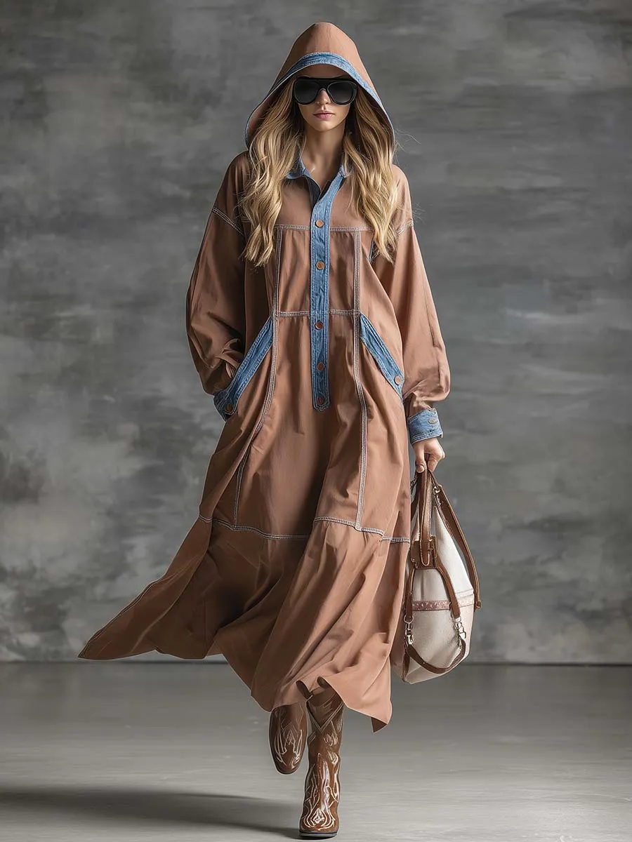 Retro Casual Fashion Hooded Front Buckle Blue Denim Trim Lotus Root Colored Cotton Maxi Dress sold by Oyrosy product image thumbnail 2