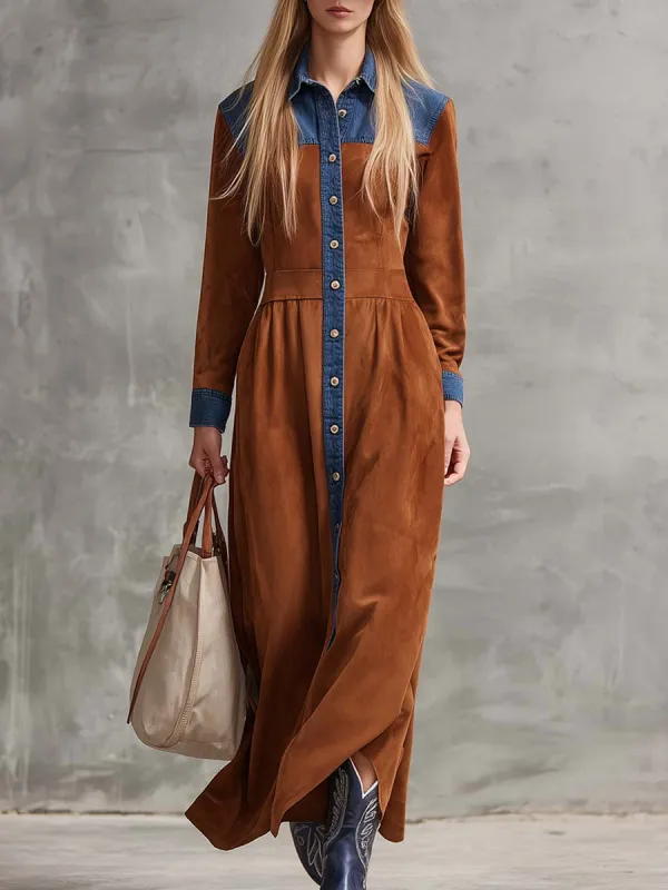Western Retro Lapel Front Button Blue Denim Trim Brown Faux Suede Maxi Dress sold by Oyrosy