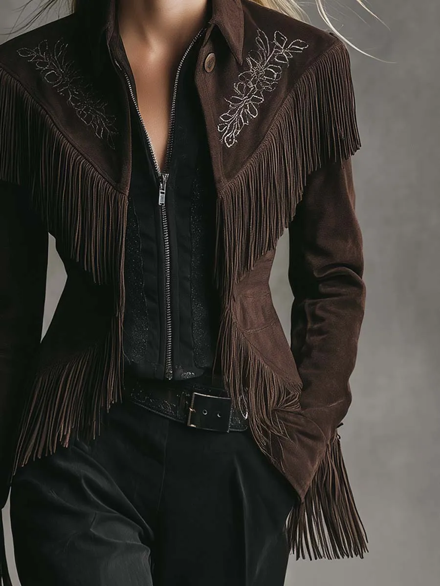 Elegant Western Vintage Embroidered Dark Brown Faux Suede Tassel Jacket sold by Oyrosy product image thumbnail 4