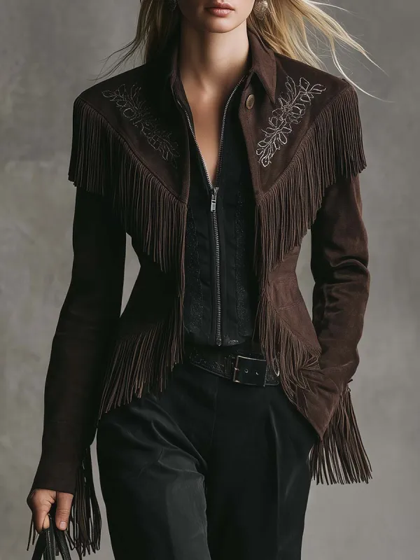 Elegant Western Vintage Embroidered Dark Brown Faux Suede Tassel Jacket sold by Oyrosy
