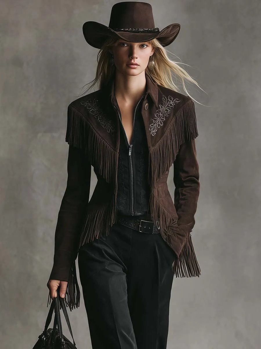 Elegant Western Vintage Embroidered Dark Brown Faux Suede Tassel Jacket sold by Oyrosy product image thumbnail 2