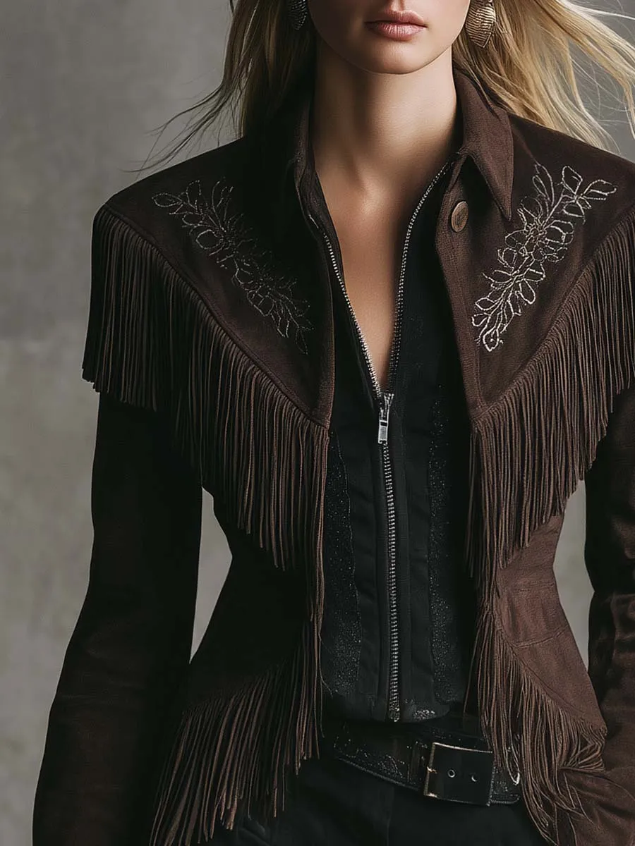 Elegant Western Vintage Embroidered Dark Brown Faux Suede Tassel Jacket sold by Oyrosy product image thumbnail 3