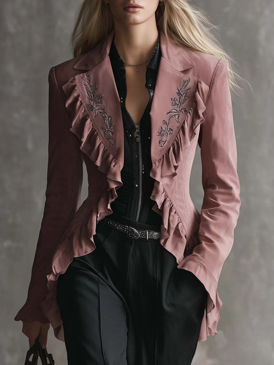Vintage Western Embroidered Notch Collar Ruffle Trim Pink Suede Jacket sold by Oyrosy