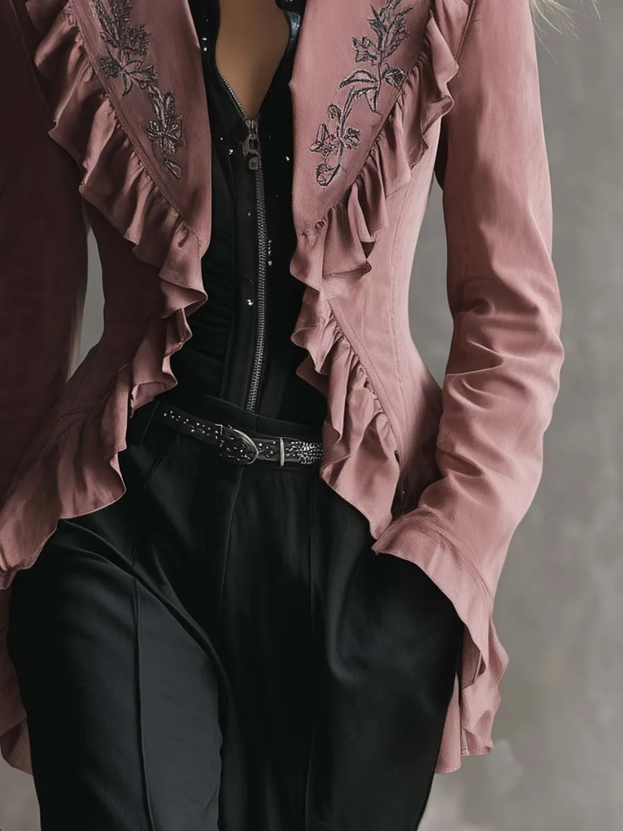 Vintage Western Embroidered Notch Collar Ruffle Trim Pink Suede Jacket sold by Oyrosy product image thumbnail 4