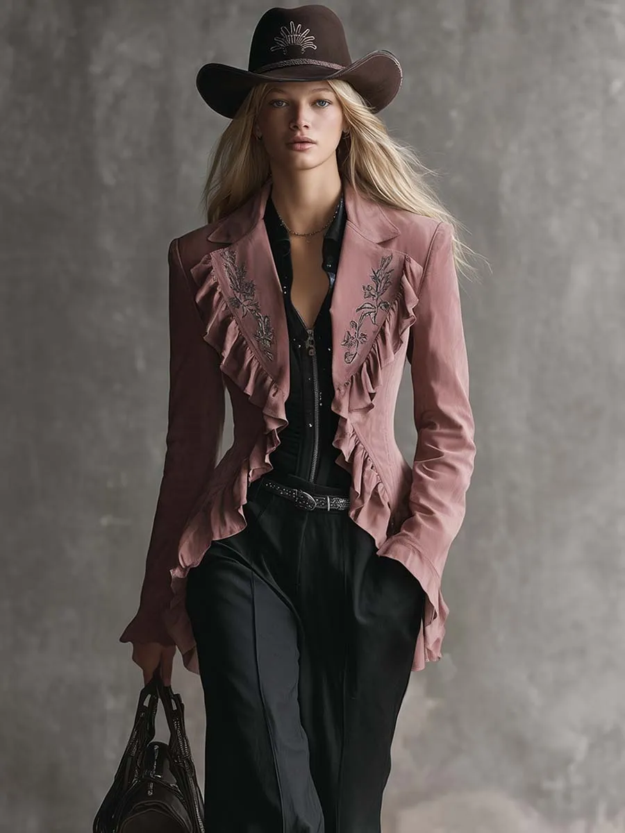 Vintage Western Embroidered Notch Collar Ruffle Trim Pink Suede Jacket sold by Oyrosy product image thumbnail 2